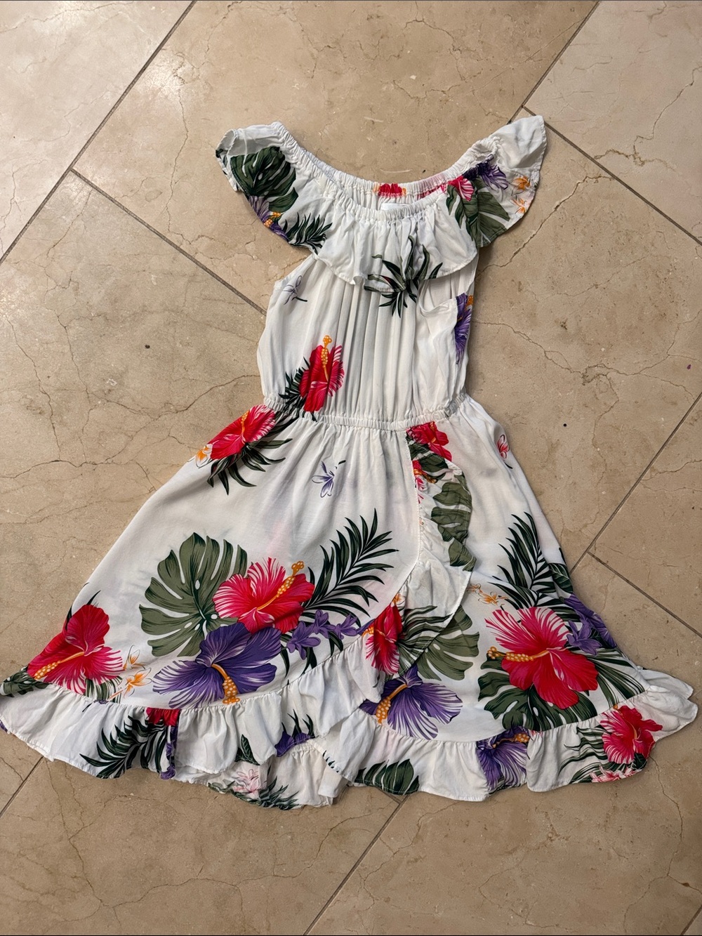 White Tropical Floral Off-Shoulder Kids Sundress